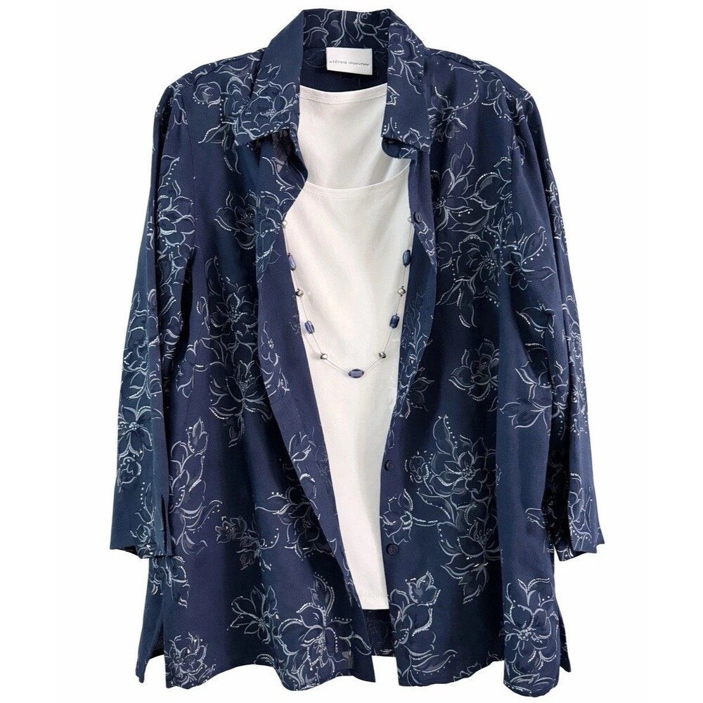 Alfred Dunner 3 PC Set Formal  Top SIZE 12 Blue White Sparkle Detail Button Up